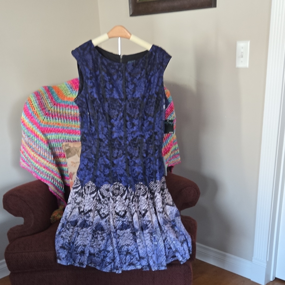 Gabby Skye Blue and Black Floral Lace Midi Dress NWT